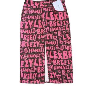 Lex Breezy NWT Denim Midi Skirt All-Over Text Print Y2K Baddie Vacay Black Pink